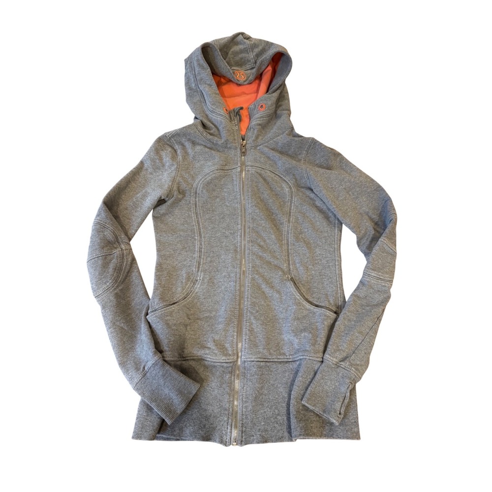 Lululemon Scuba Hoodie Full Zip Heathered Gray Coral Orange Size 8 Thumbholes
